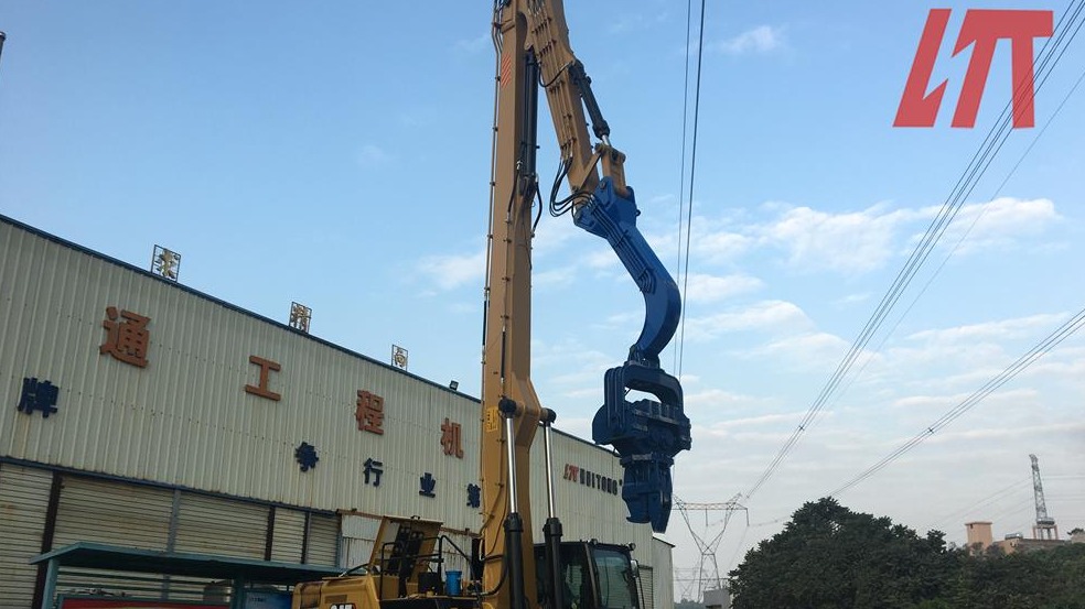 How does the excavator pile driving boom participate in the Arbor Day